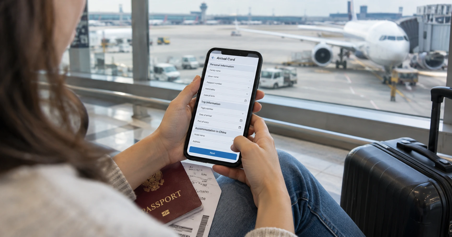 A traveler filling in the China arrival card on a phone before a flight