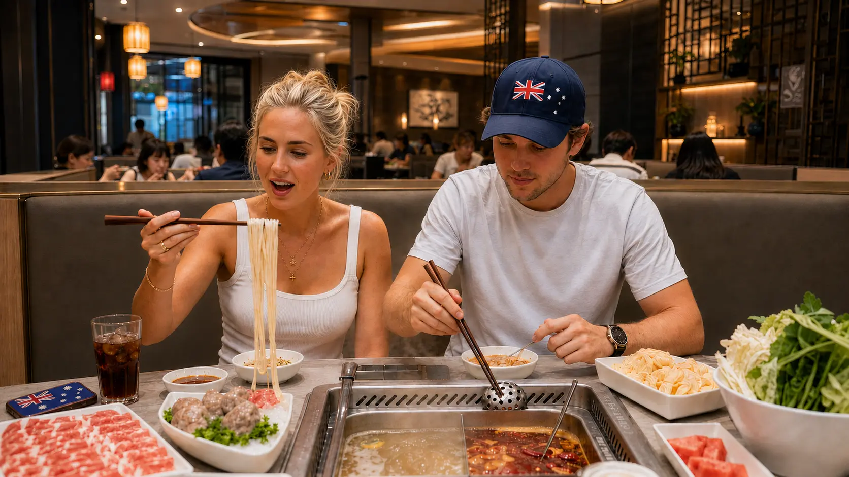 Travellers sharing a Chinese hot pot meal while visiting China visa-free