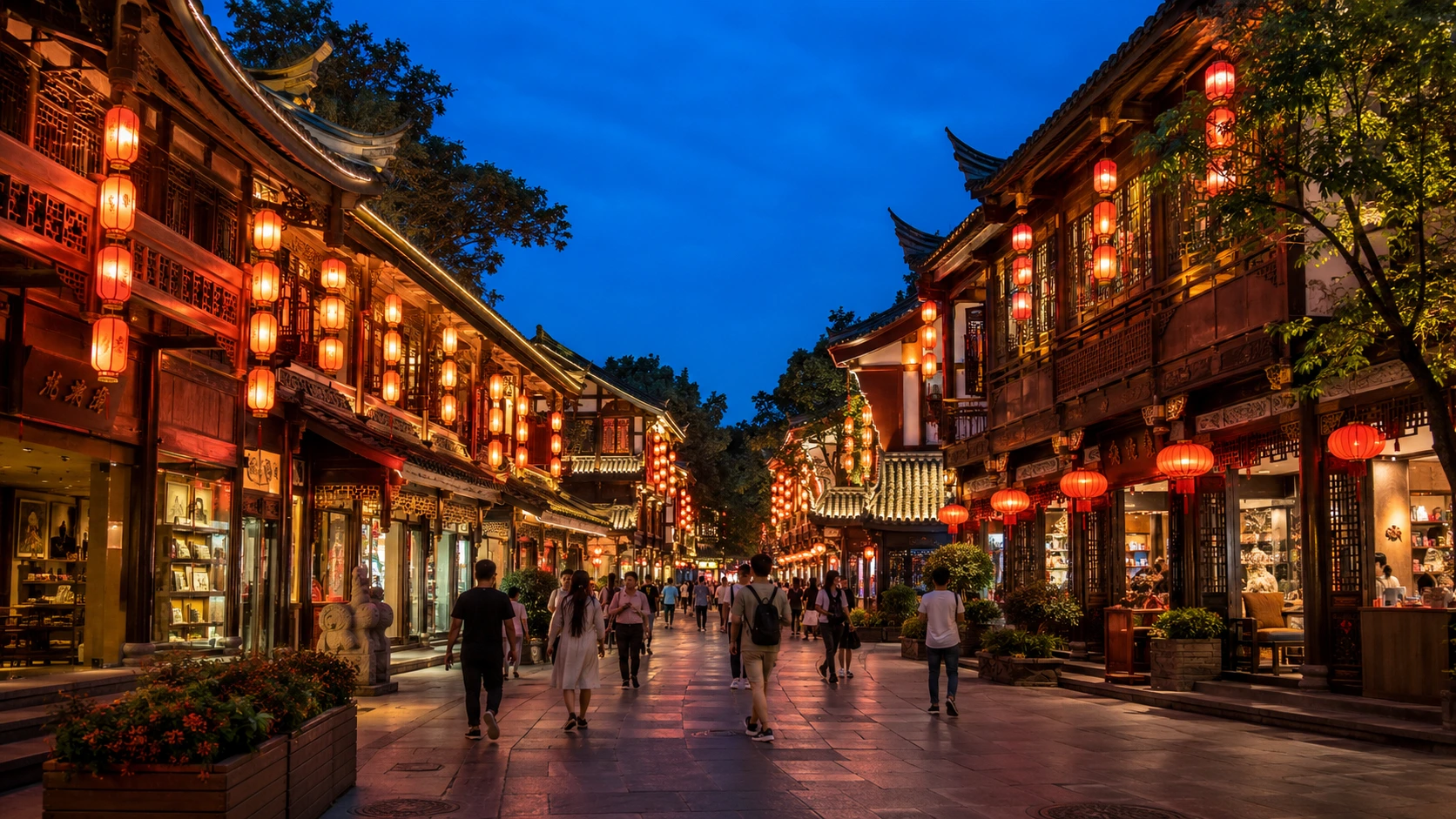 Lantern-lit Jinli Ancient Street in Chengdu at dusk