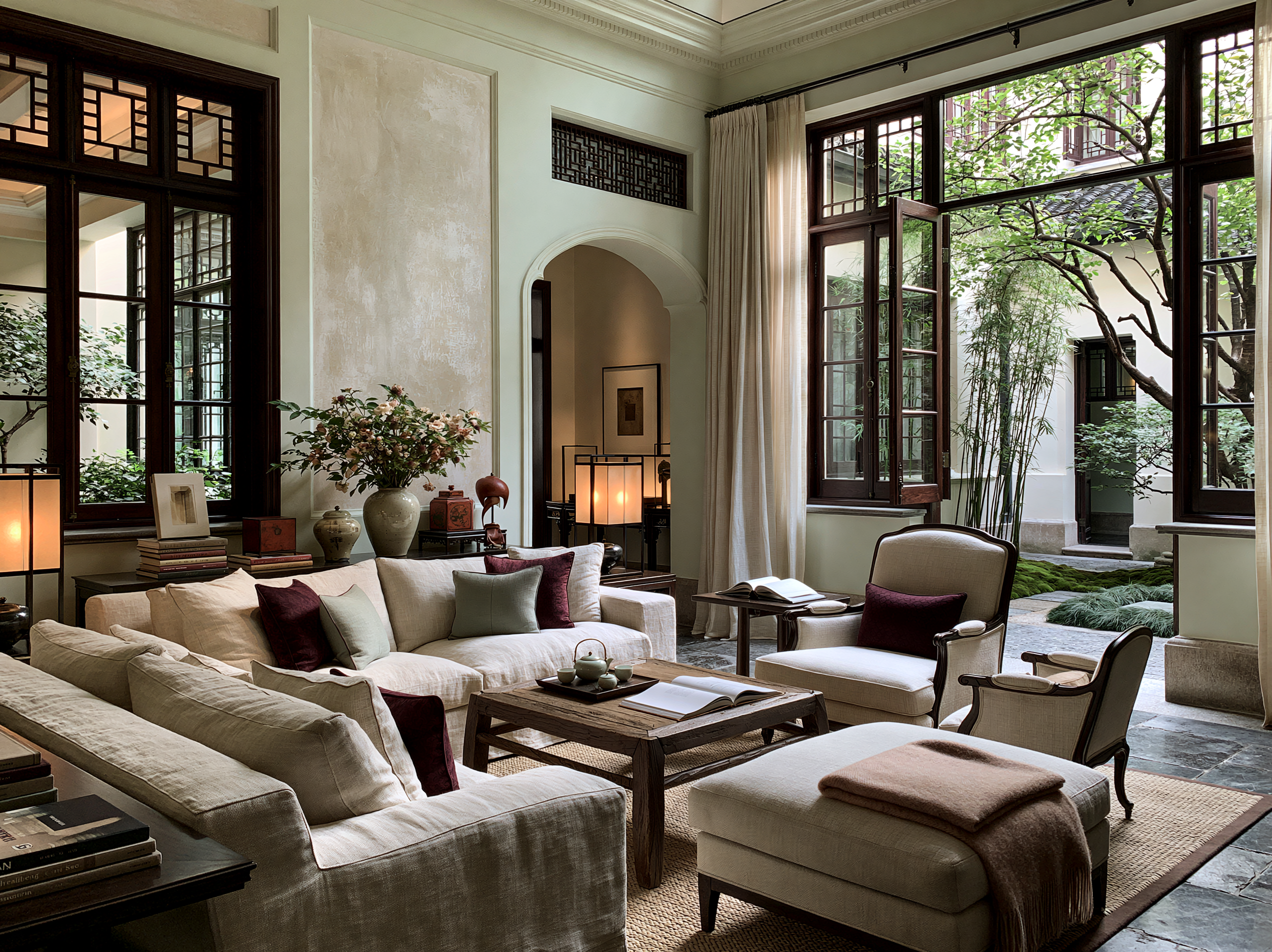 An elegant sitting room with courtyard views, warm lamplight and refined furnishings