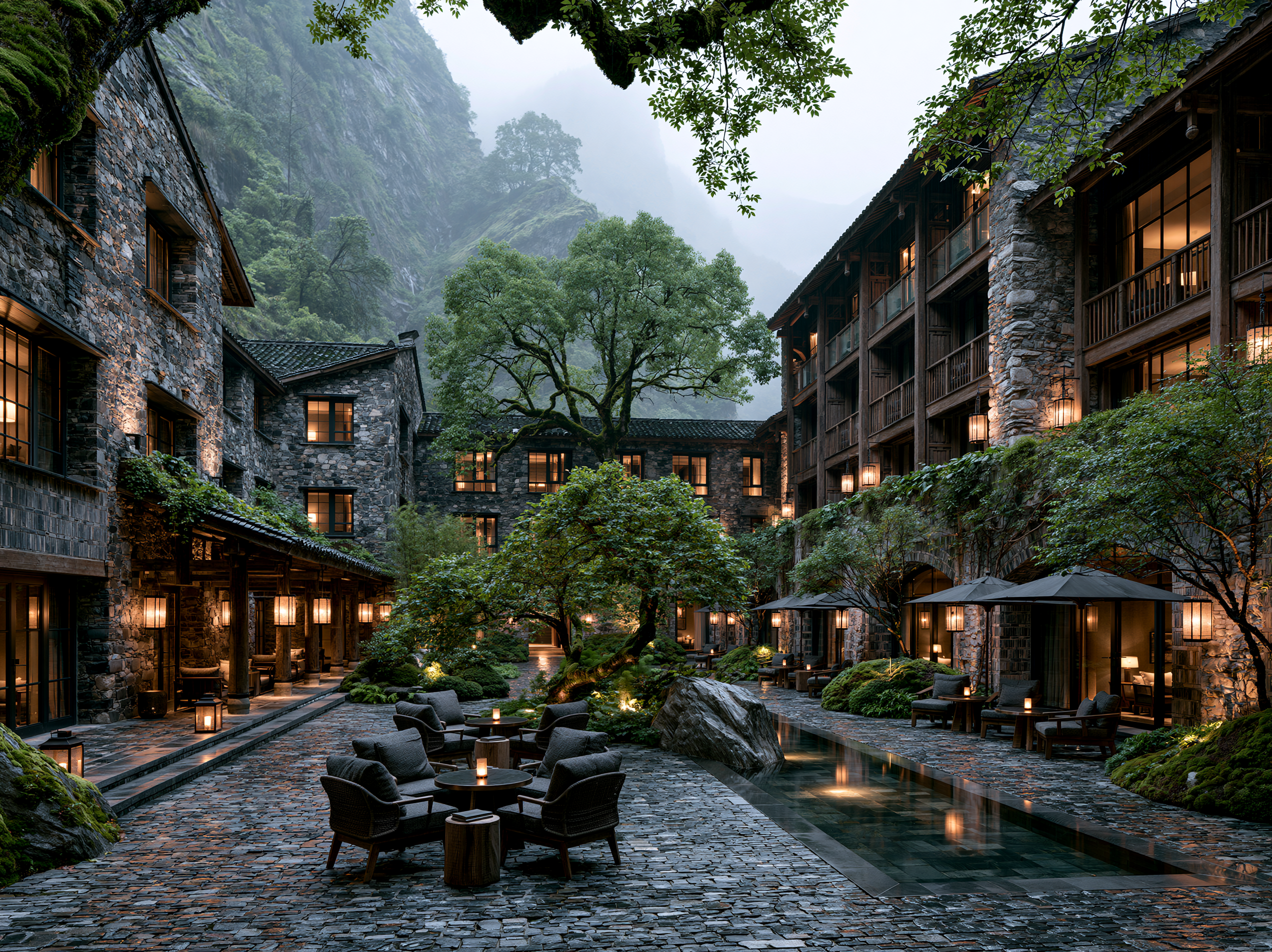 A misty mountain courtyard hotel at dusk, lanterns lit around a stone courtyard