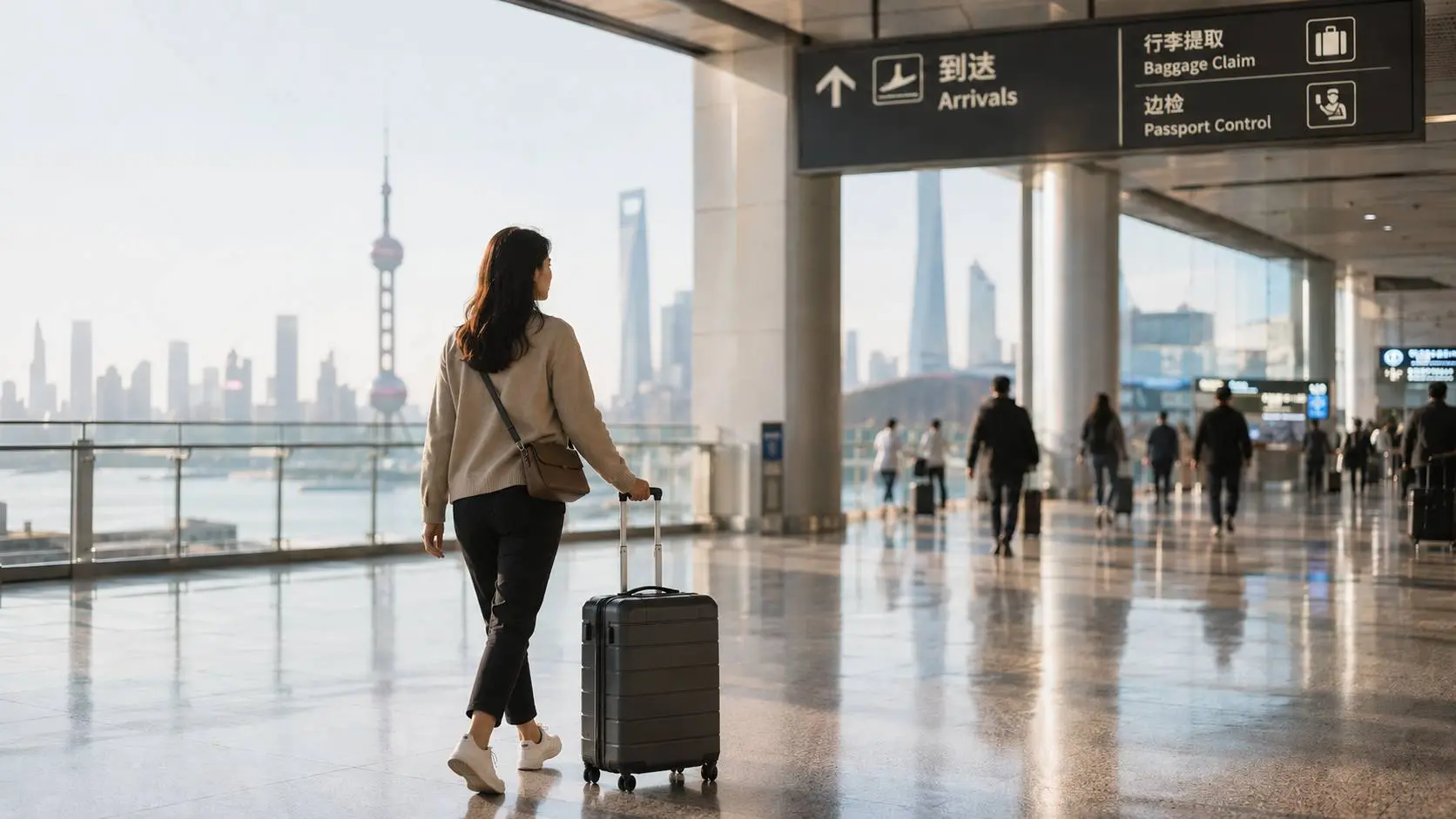 Traveler walking through Shanghai airport arrivals with a China skyline in the background