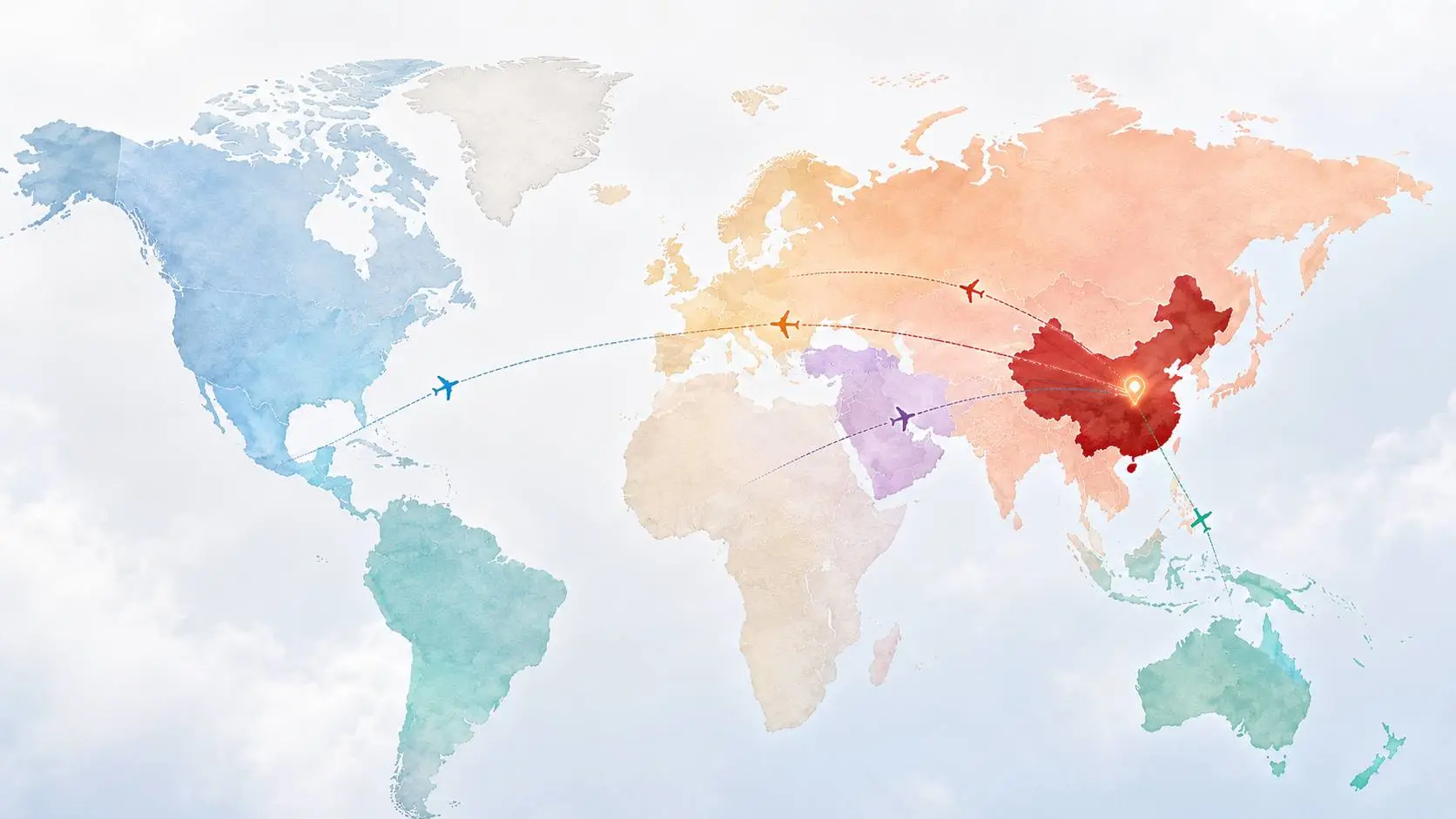 Map showing the world regions eligible for China visa-free entry in 2026