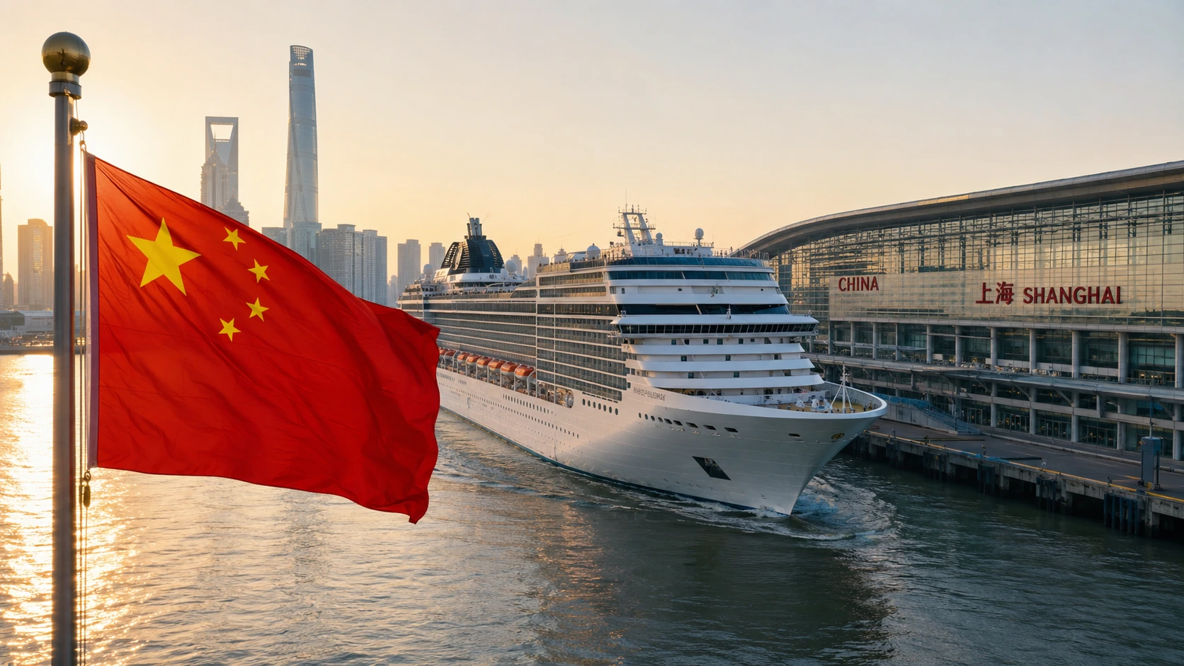 Cruise ship arriving at a Chinese port under the national flag