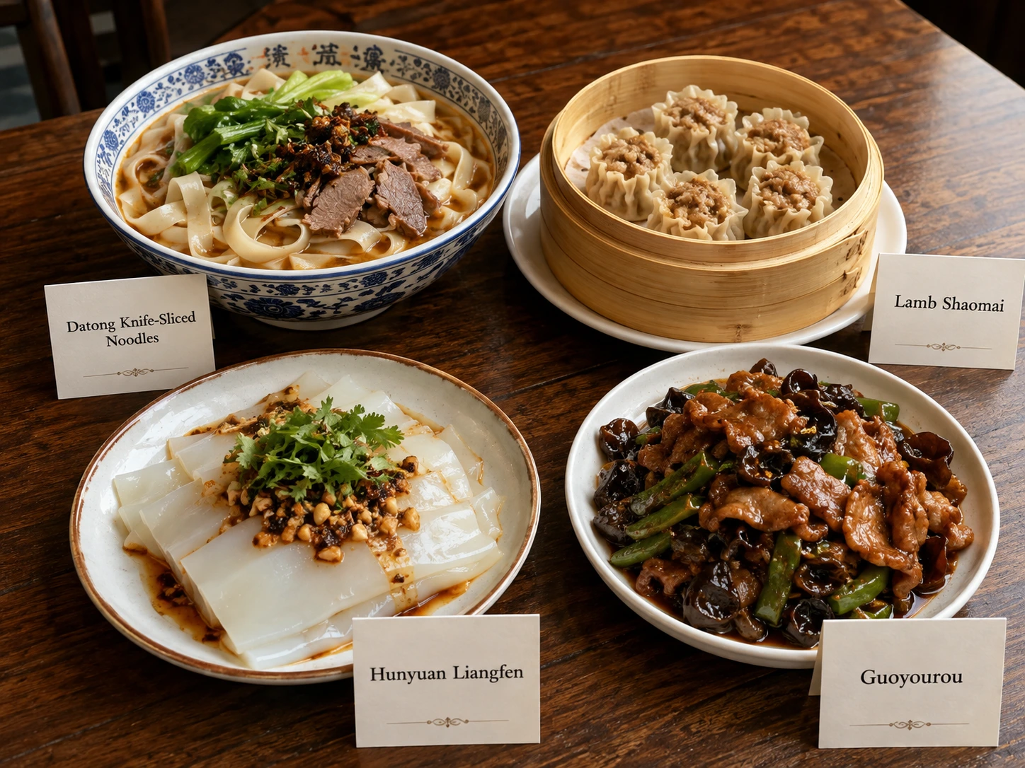 Knife-sliced noodles, lamb shaomai, Hunyuan cold jelly noodles and guoyourou pork from Datong