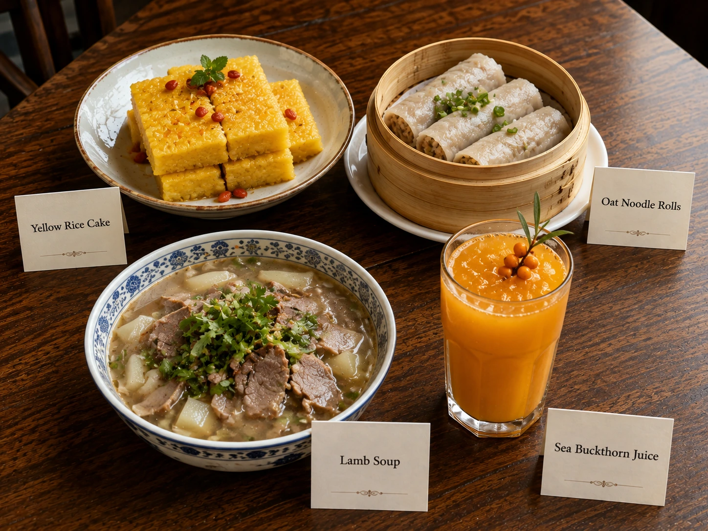 Yellow rice cake, steamed oat noodle rolls, lamb soup and sea buckthorn juice from Datong