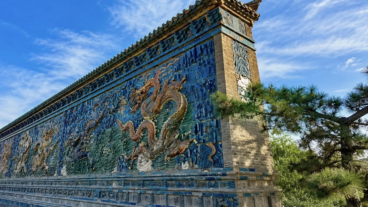 The Nine Dragon Wall in Datong, a long glazed tile wall with nine coloured dragons