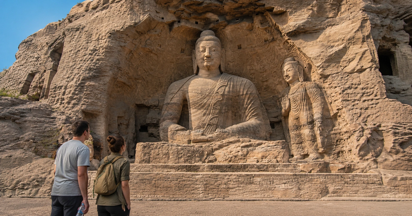 The giant open-air Buddha of Cave 20 at the Yungang Grottoes, with a visitor standing at its base for scale