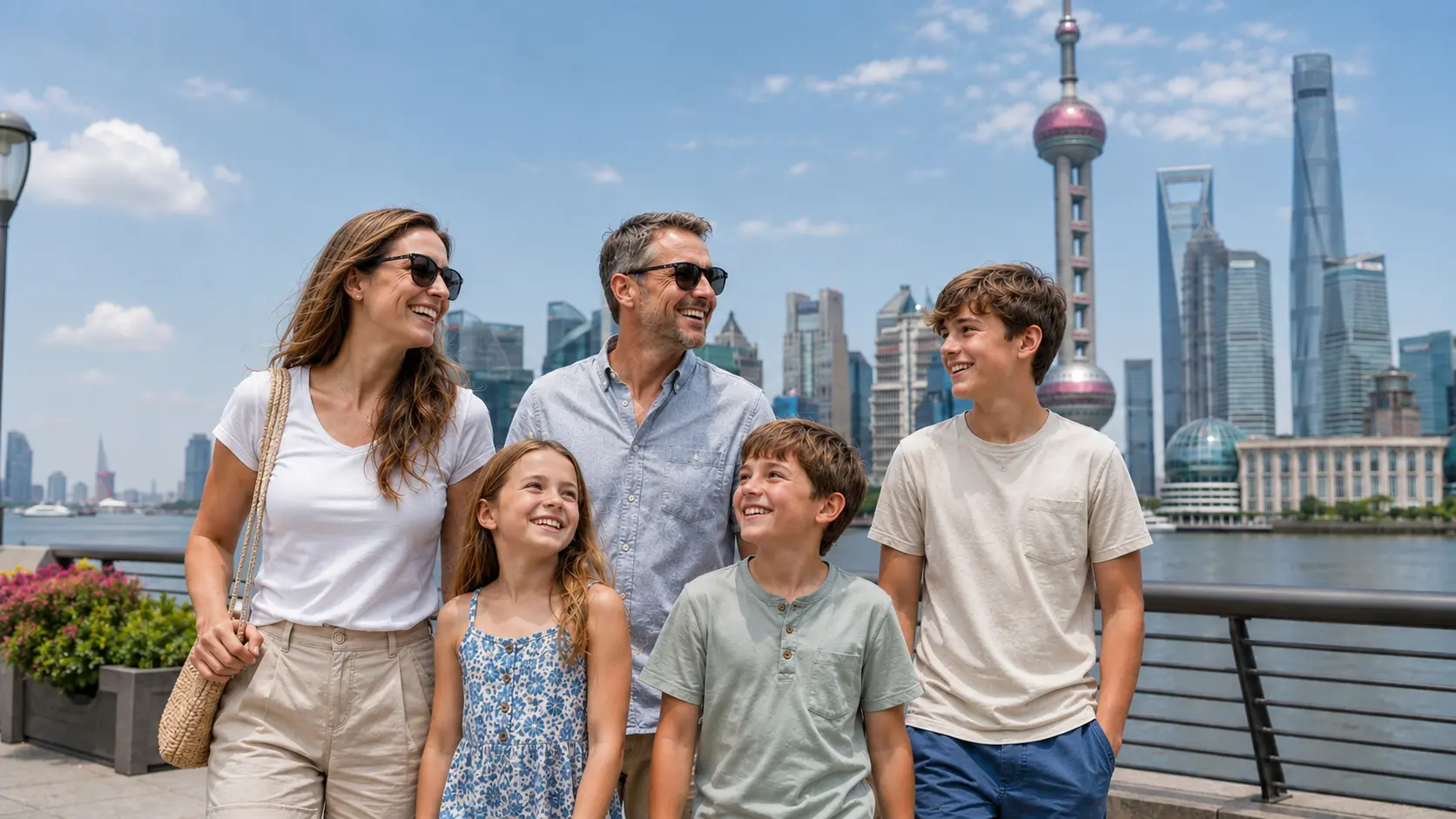Family with children arriving in China for a visa-free trip