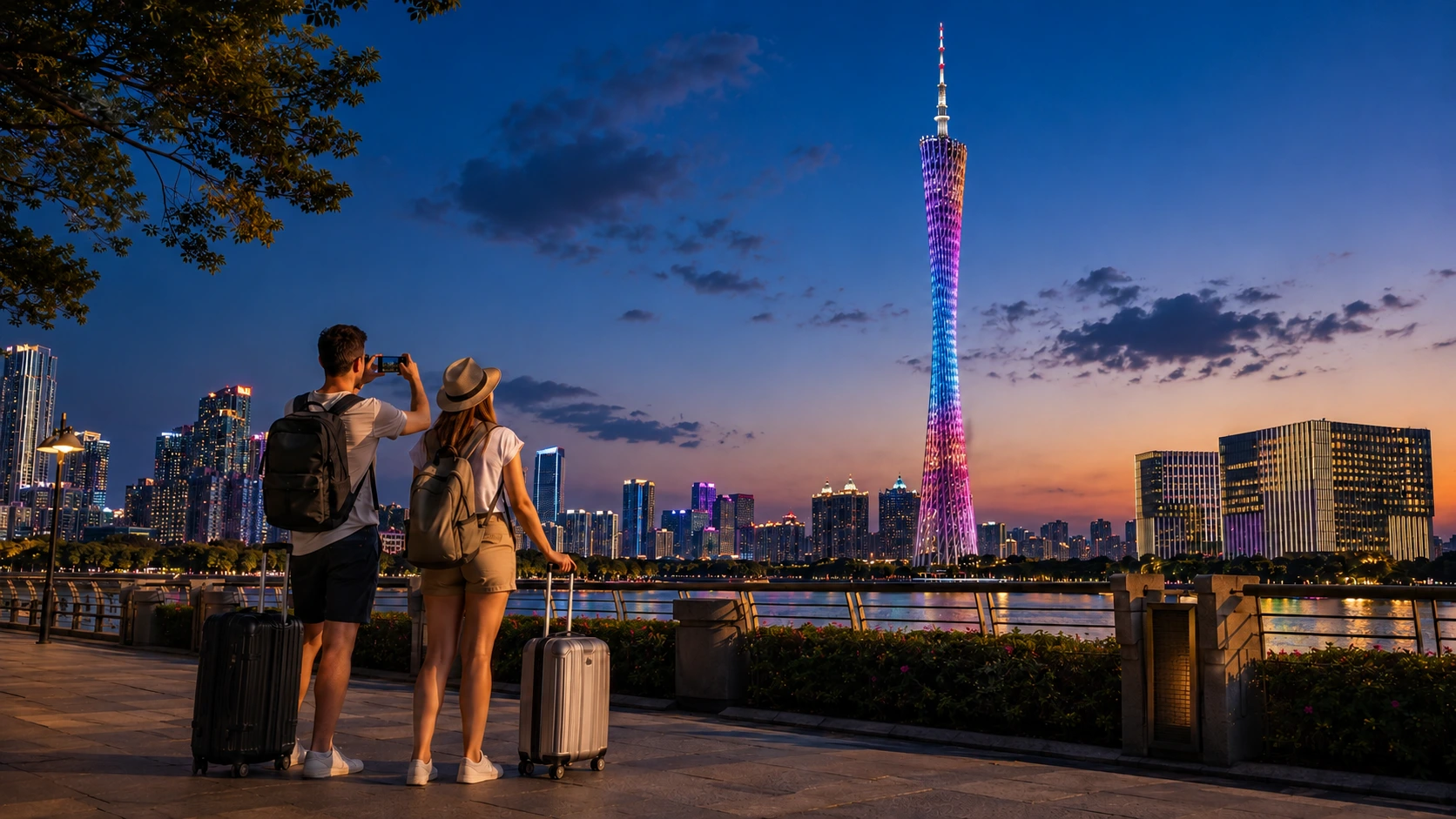 The Canton Tower and Guangzhou skyline along the Pearl River at dusk
