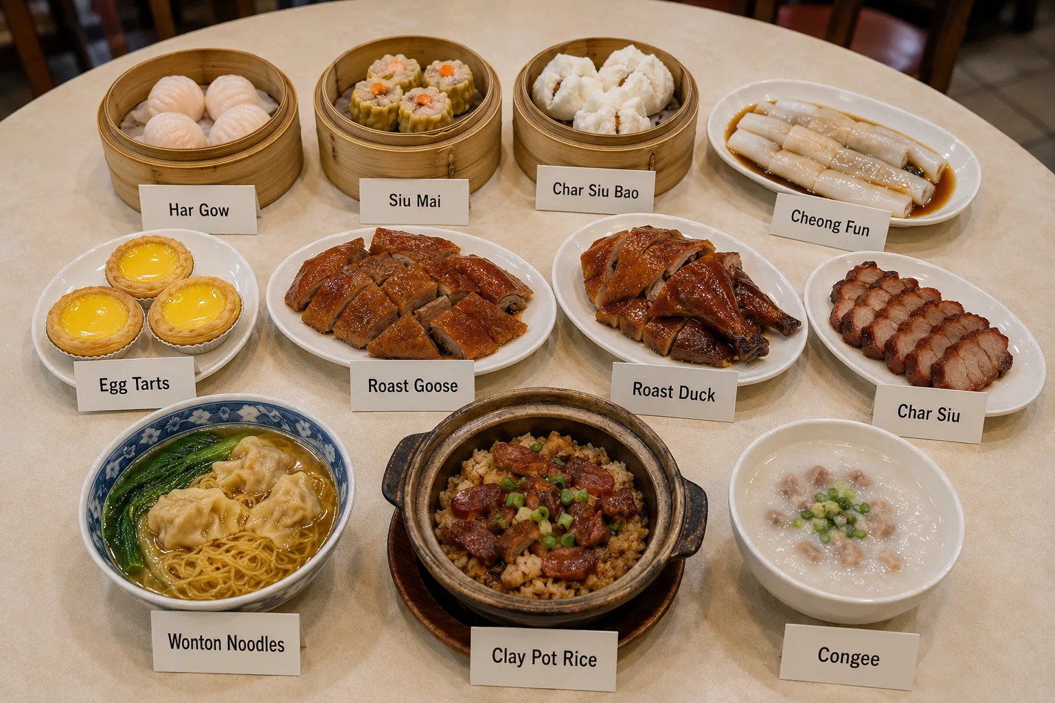 Cantonese dishes from Guangzhou including dim sum, roast goose, char siu, wonton noodles, clay pot rice and congee
