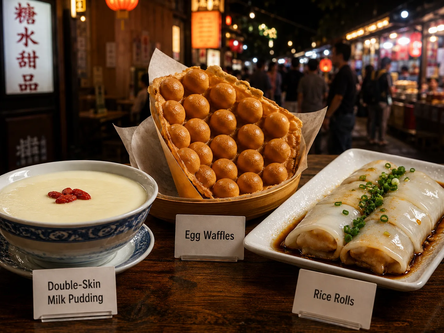 Double-skin milk pudding, egg waffles and rice rolls from a Guangzhou street stall