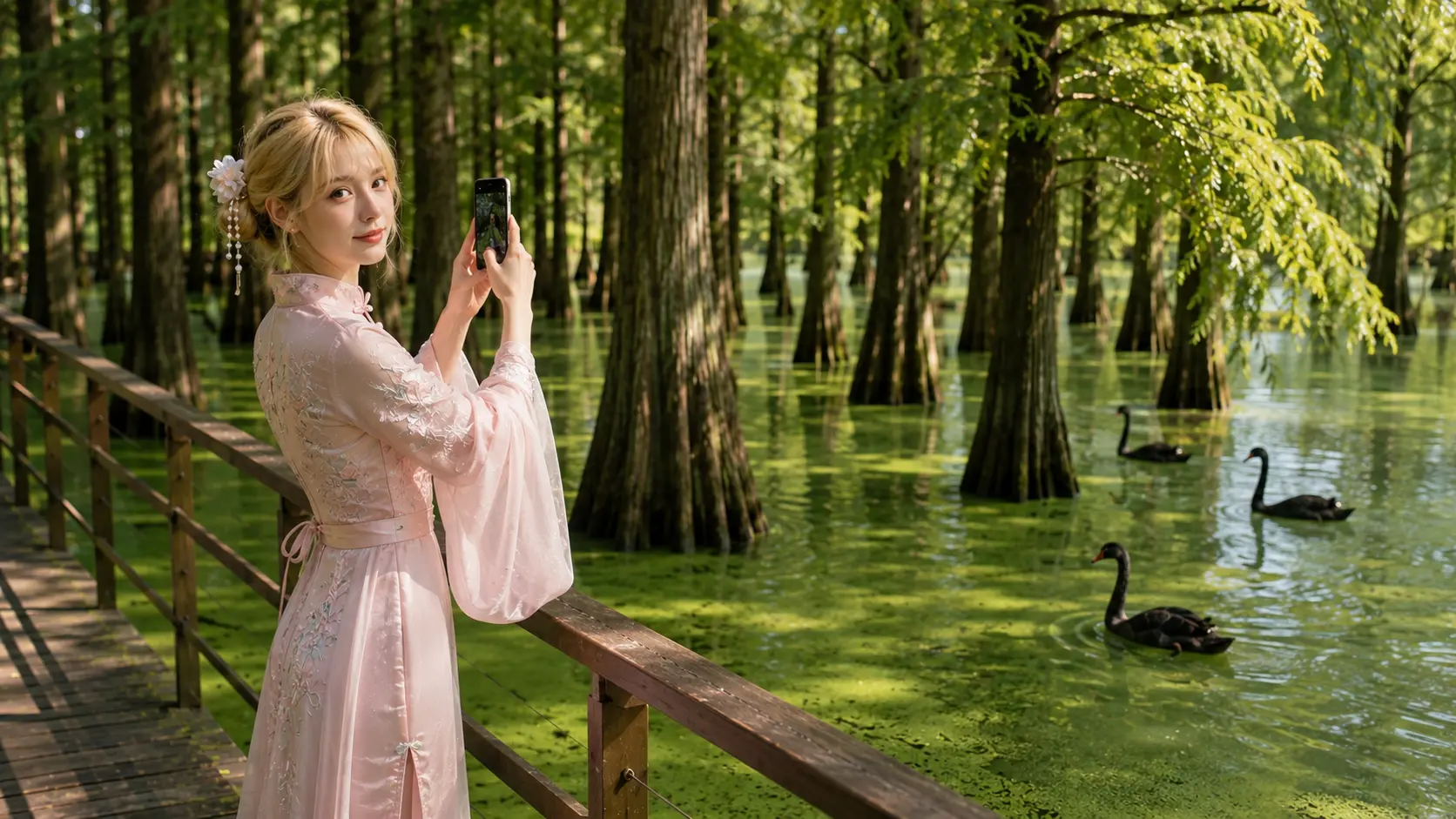 The water forest at Qingshan Lake near Hangzhou, with trees growing in green water