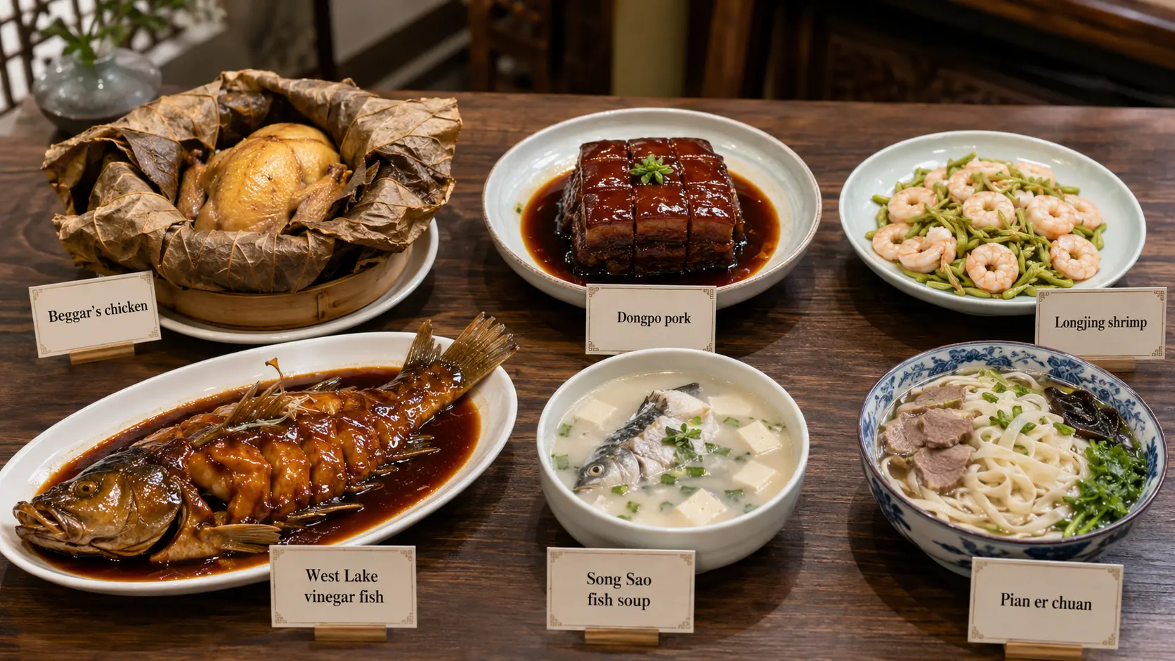 Hangzhou dishes including Dongpo pork and Longjing shrimp