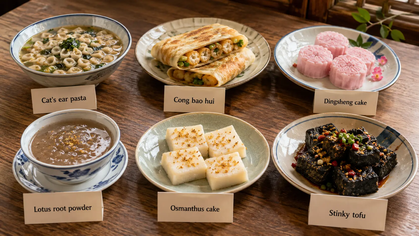 Street snacks in Hangzhou including osmanthus cake and dingsheng cake