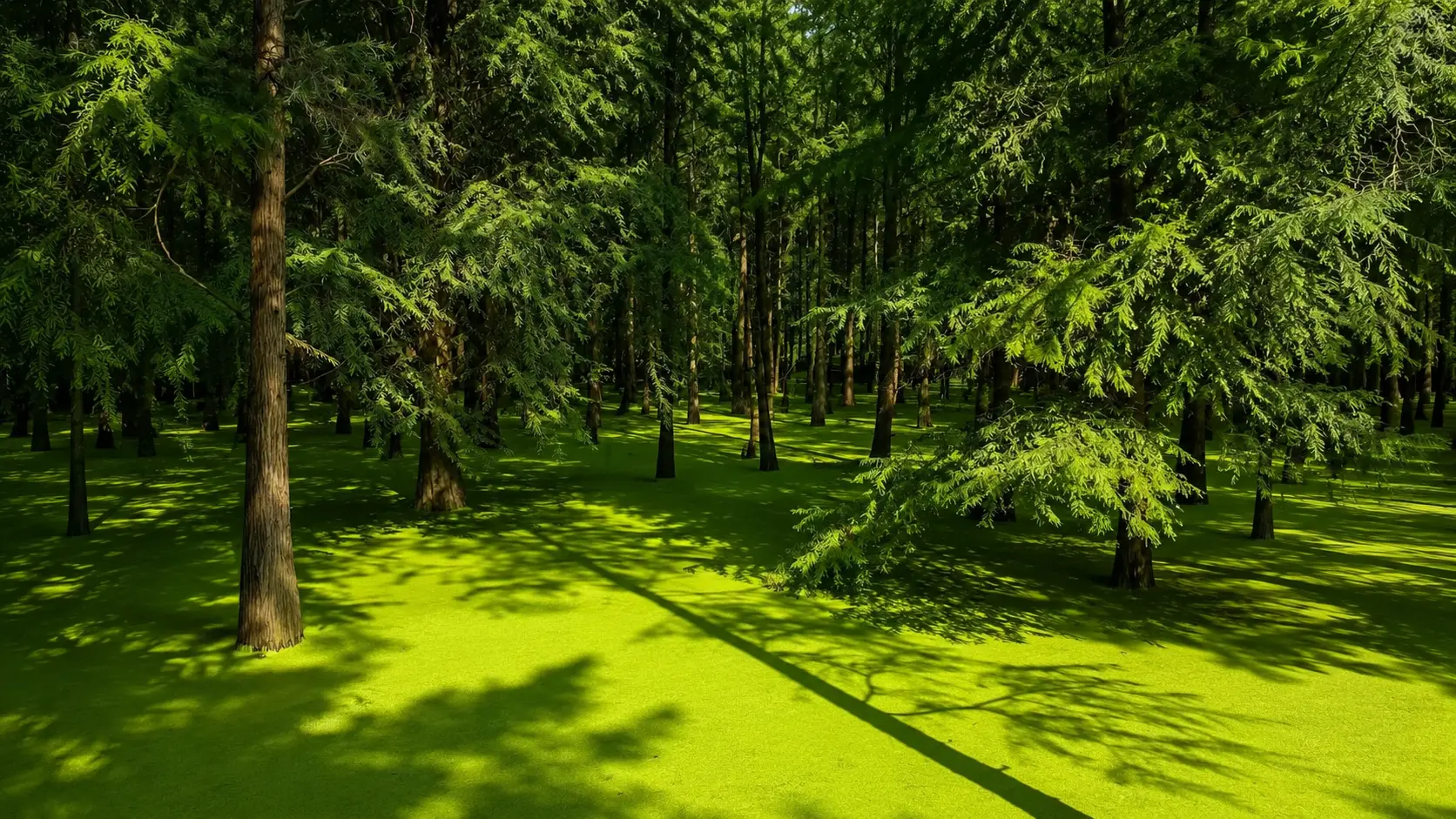 Trees standing in the green water of Qingshan Lake Water Forest