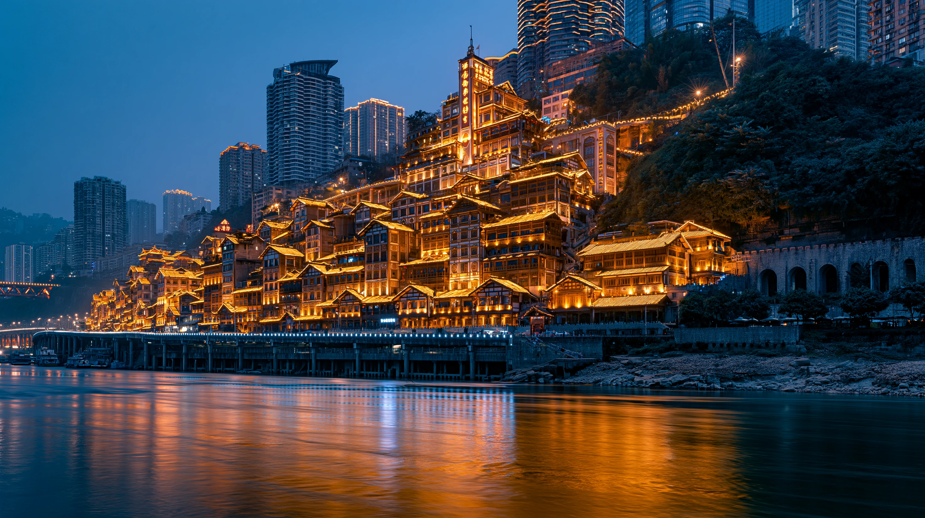 Hongya Cave in Chongqing lit up at night