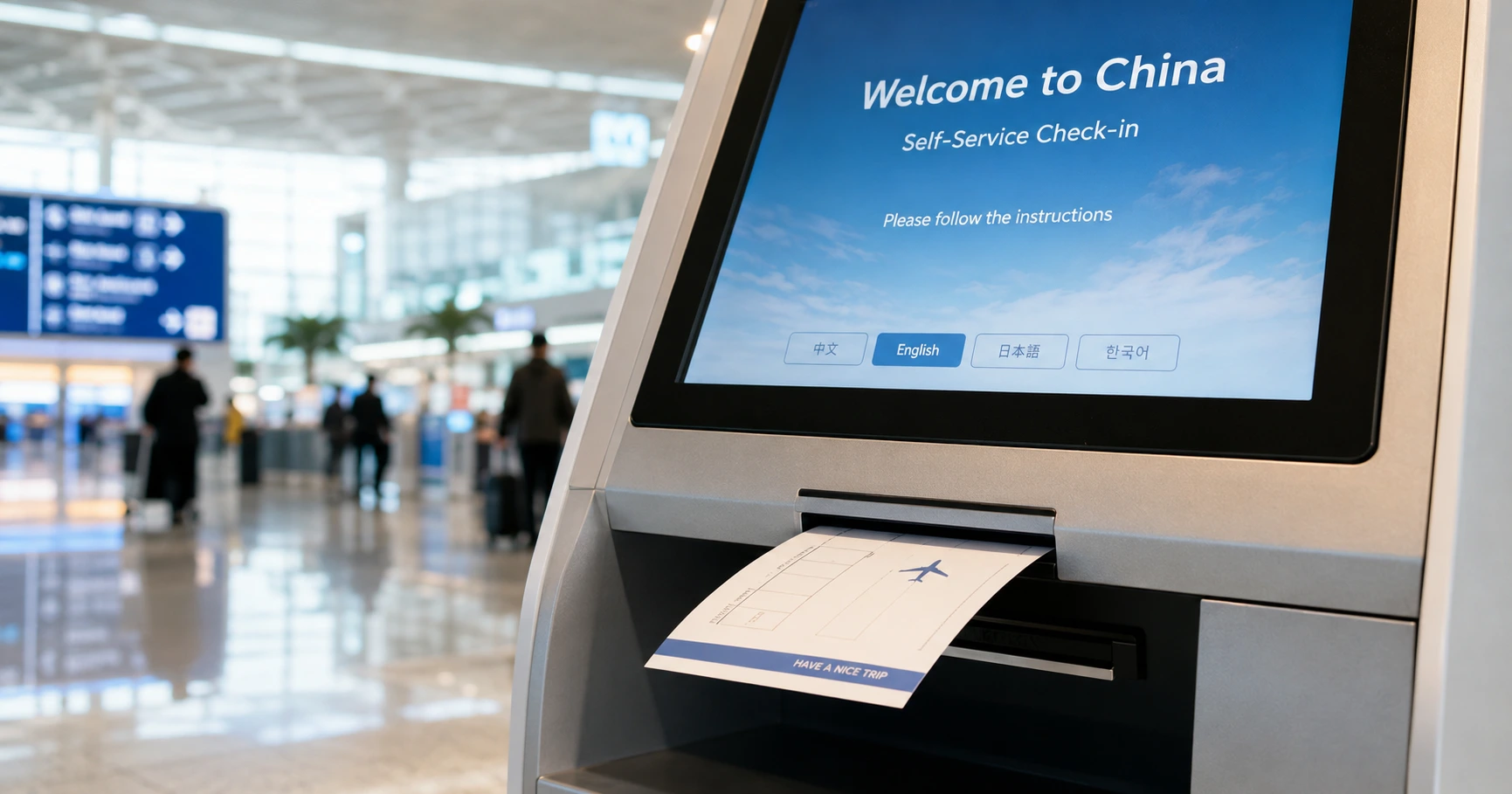 Traveler holding a passport and boarding pass at a China airport check-in desk