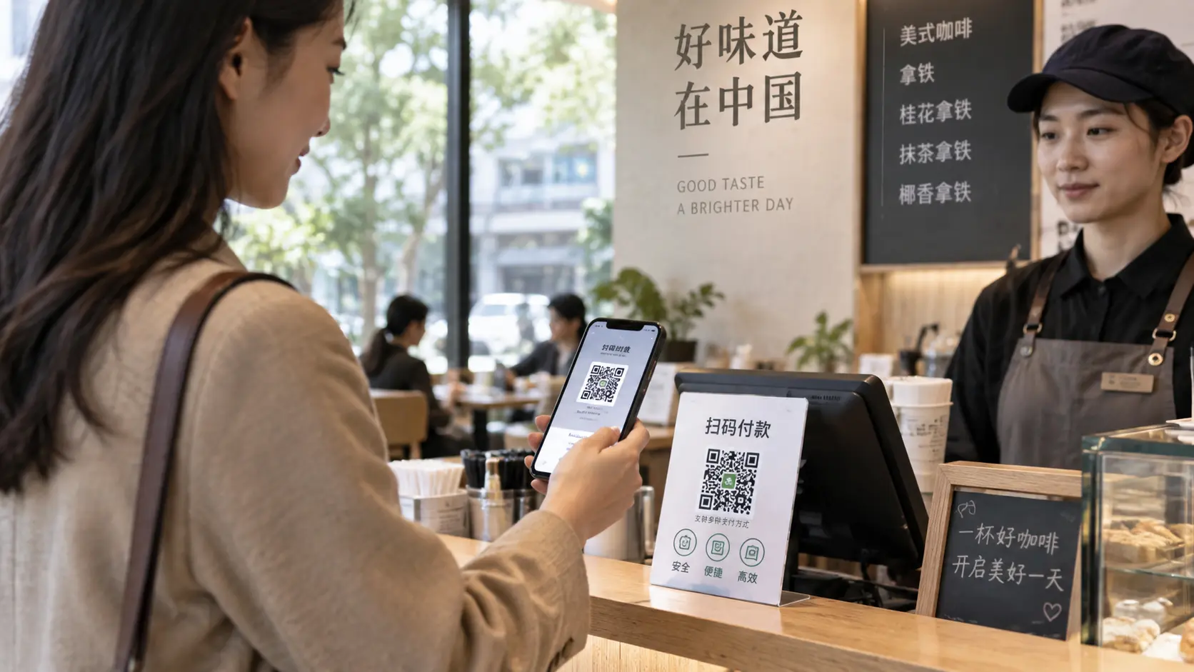 Traveler paying easily by QR code at a café in China