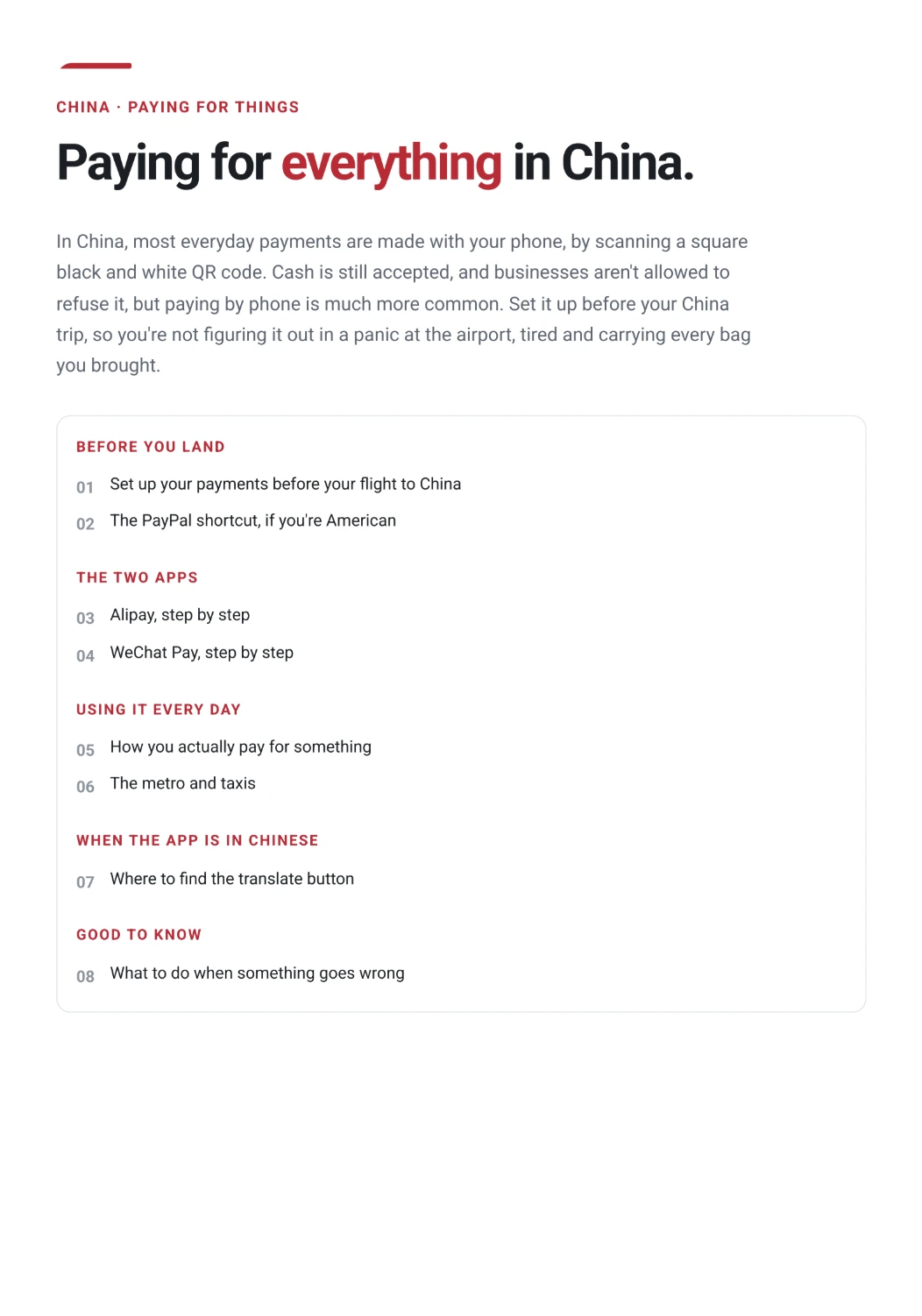 Contents page preview from the Paying for Everything in China guide