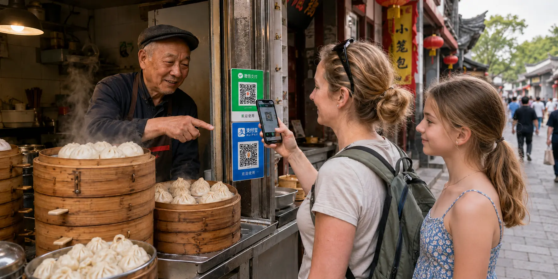 Traveler paying by QR code with a phone at a shop in China