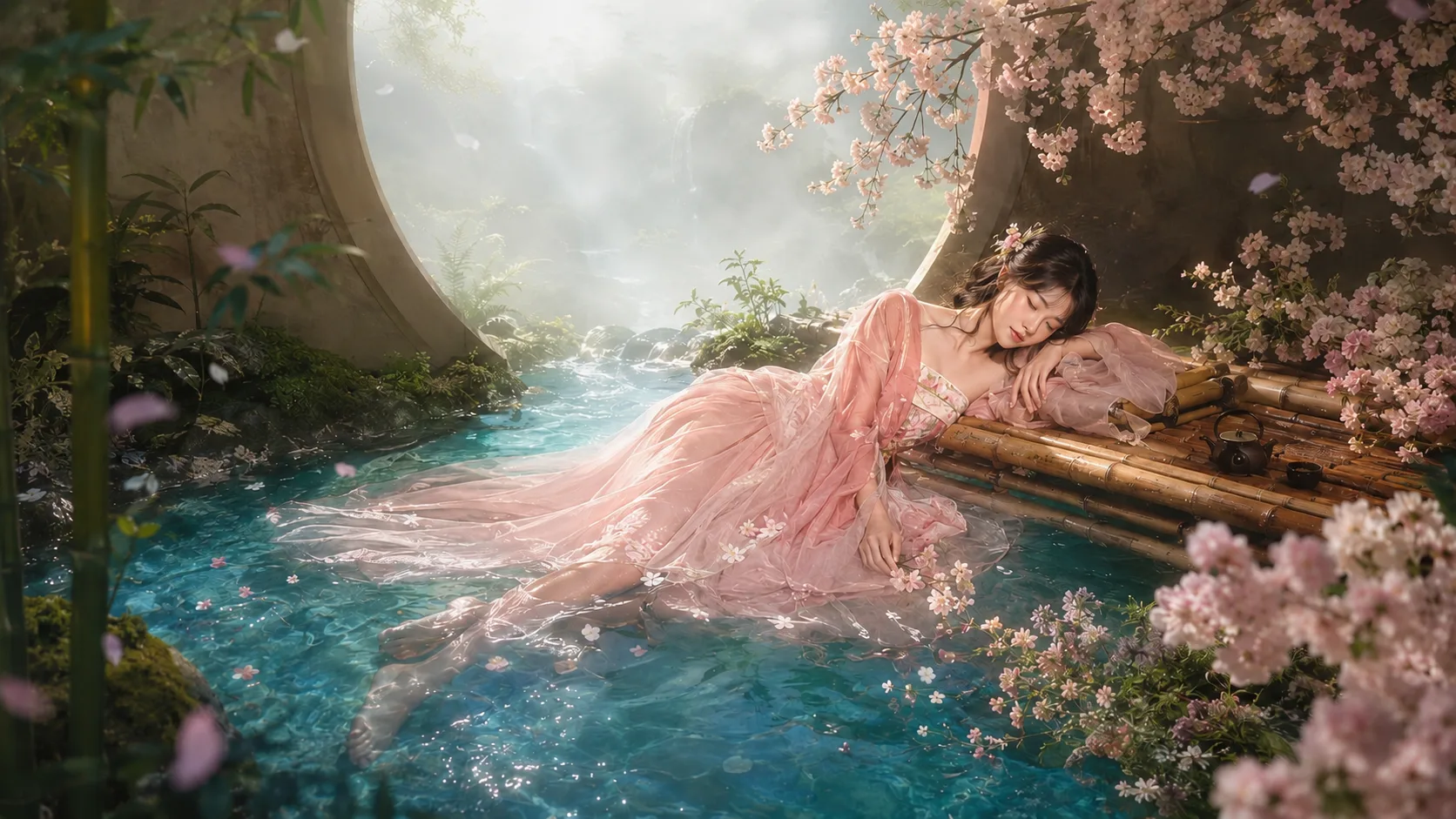 A traveller in traditional Chinese dress at a professional photo studio in China