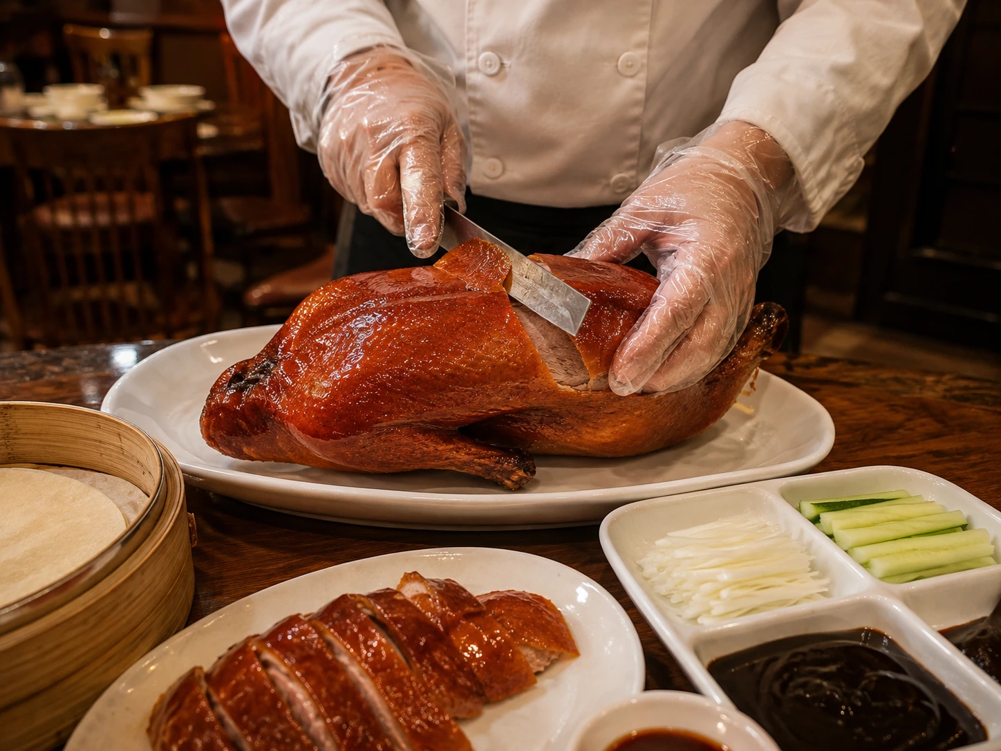 Peking duck carved at the table in Shanghai