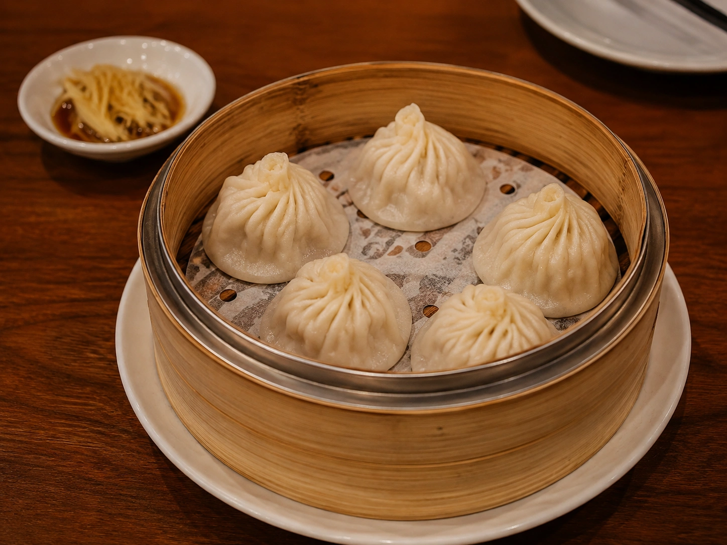 Xiaolongbao soup dumplings in a bamboo steamer in Shanghai