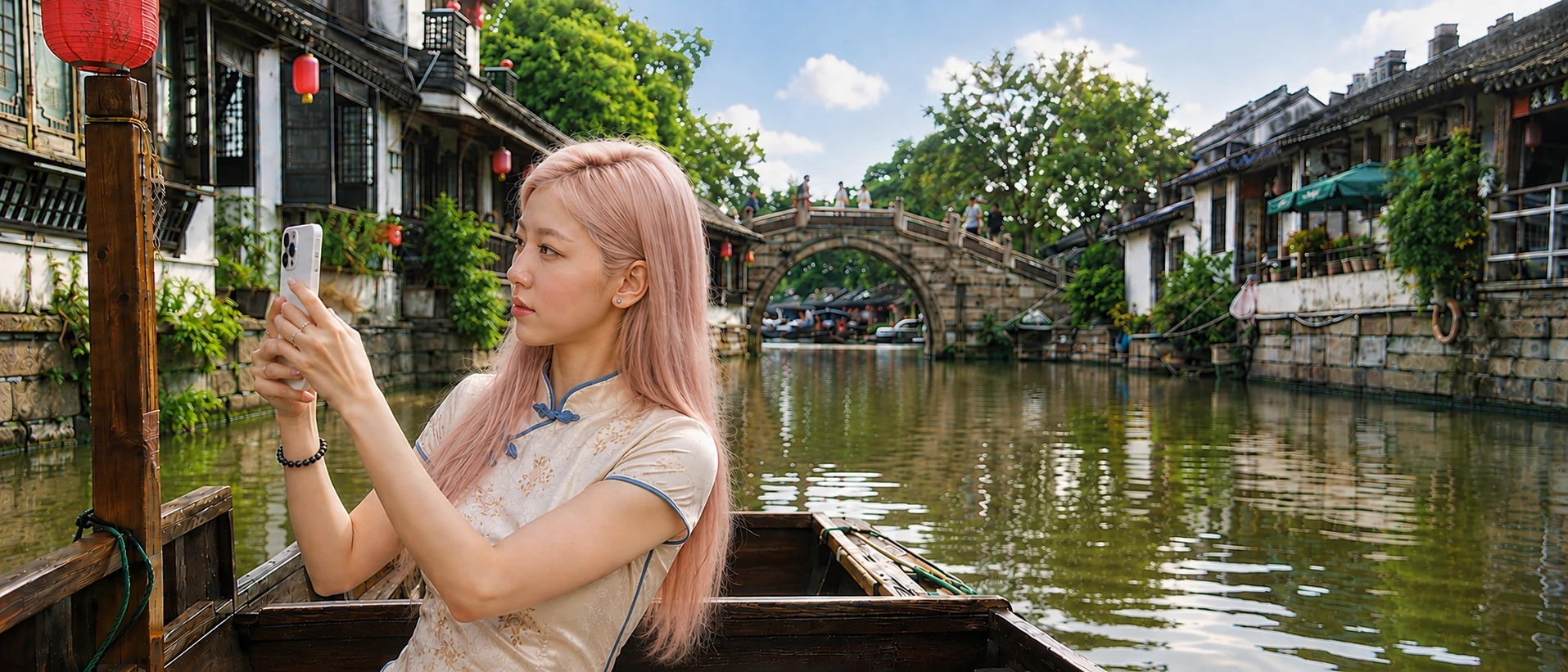 Canal and arched stone bridge in Zhujiajiao water town near Shanghai
