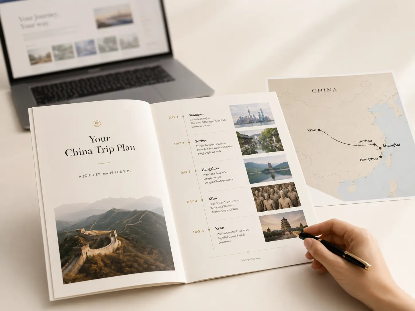 A personalised China itinerary beside a simple map
