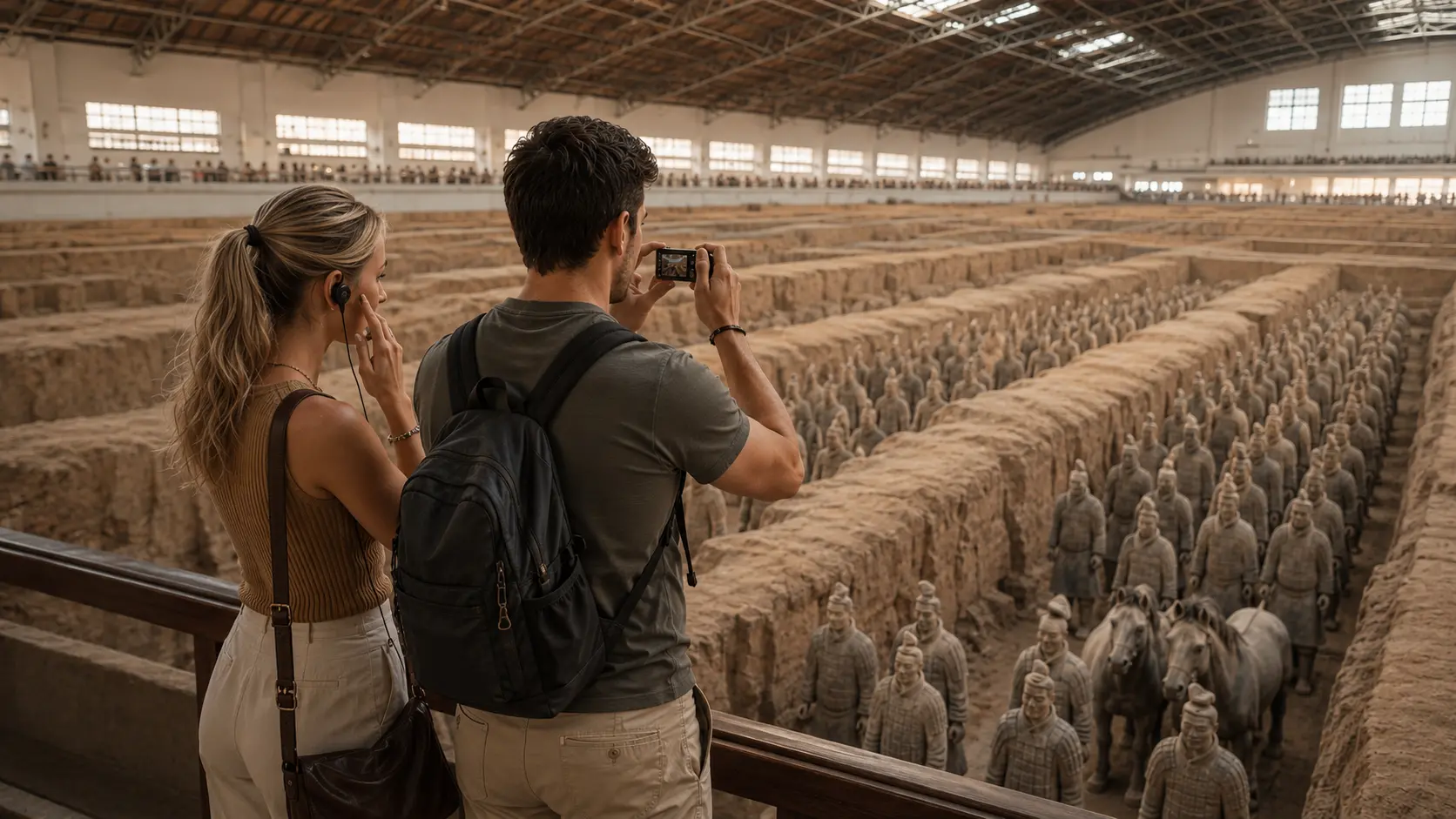 Rows of terracotta warriors in Pit 1 at the Terracotta Army museum near Xi'an