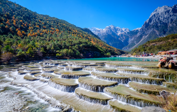 The turquoise pools of Blue Moon Valley below Jade Dragon Snow Mountain near Lijiang