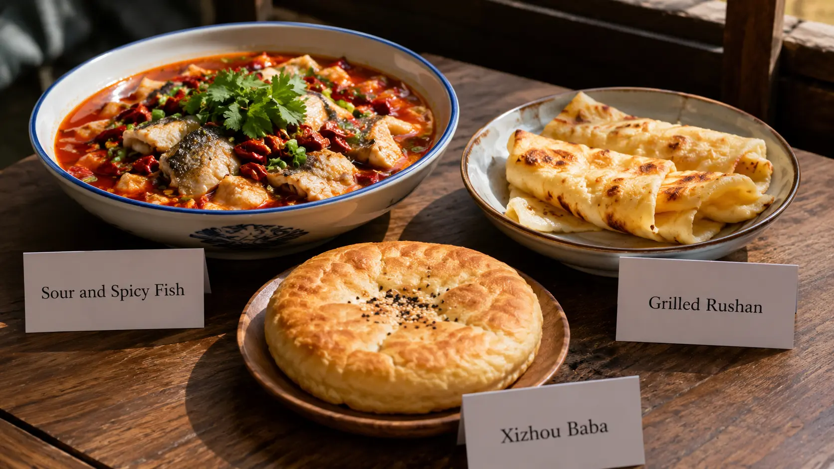 Sour and spicy fish, grilled rushan cheese on a stick, and Xizhou baba flatbread from Dali
