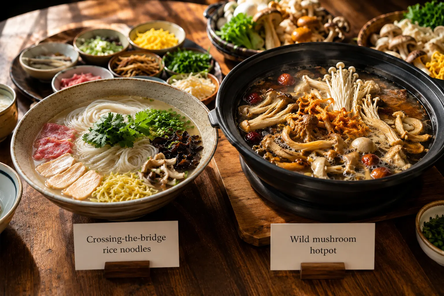 Crossing-the-bridge rice noodles and wild mushroom hotpot, the two best-known dishes in Kunming