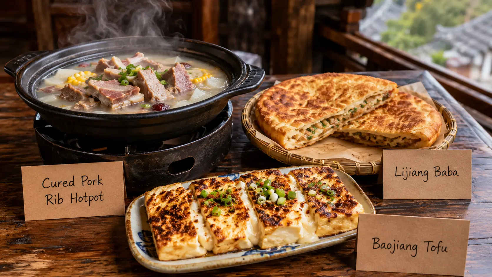 Cured pork rib hotpot, Lijiang baba flatbread and grilled baojiang tofu from Lijiang