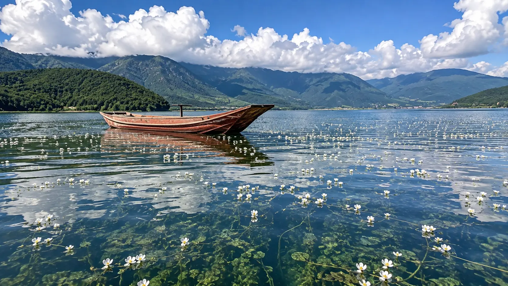 Lugu Lake seen from above, with mountains all the way around it and a wooden boat on the water