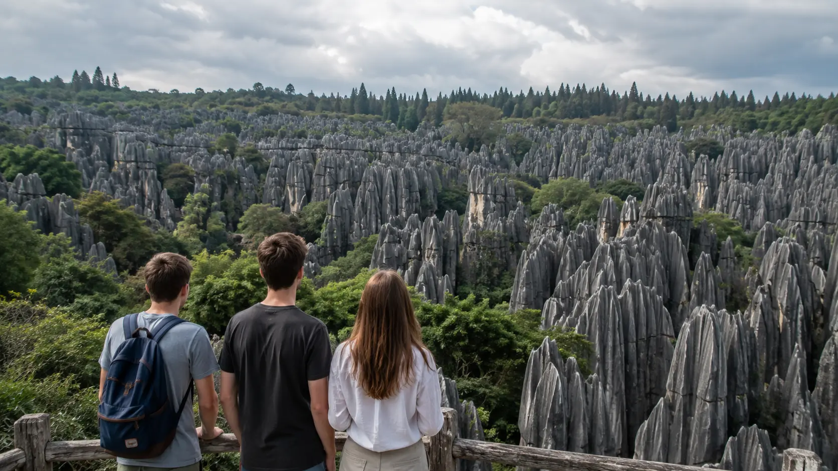Grey limestone pillars at the Stone Forest near Kunming, with a path running between them