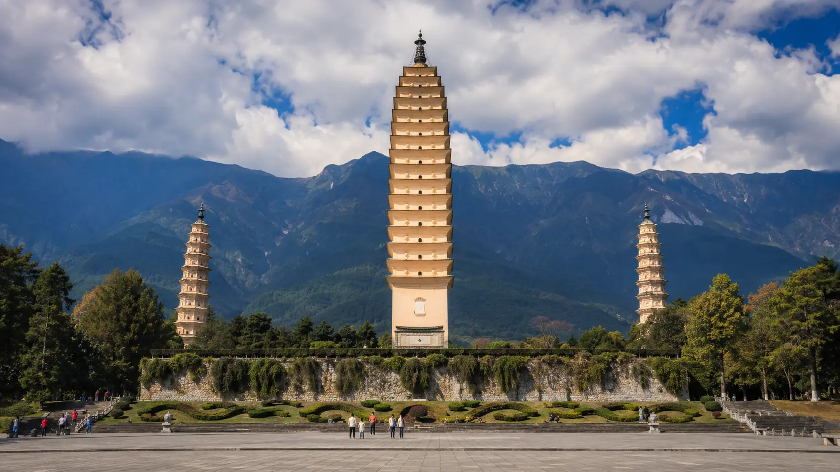 The Three Pagodas at Dali with the Cangshan mountains behind them