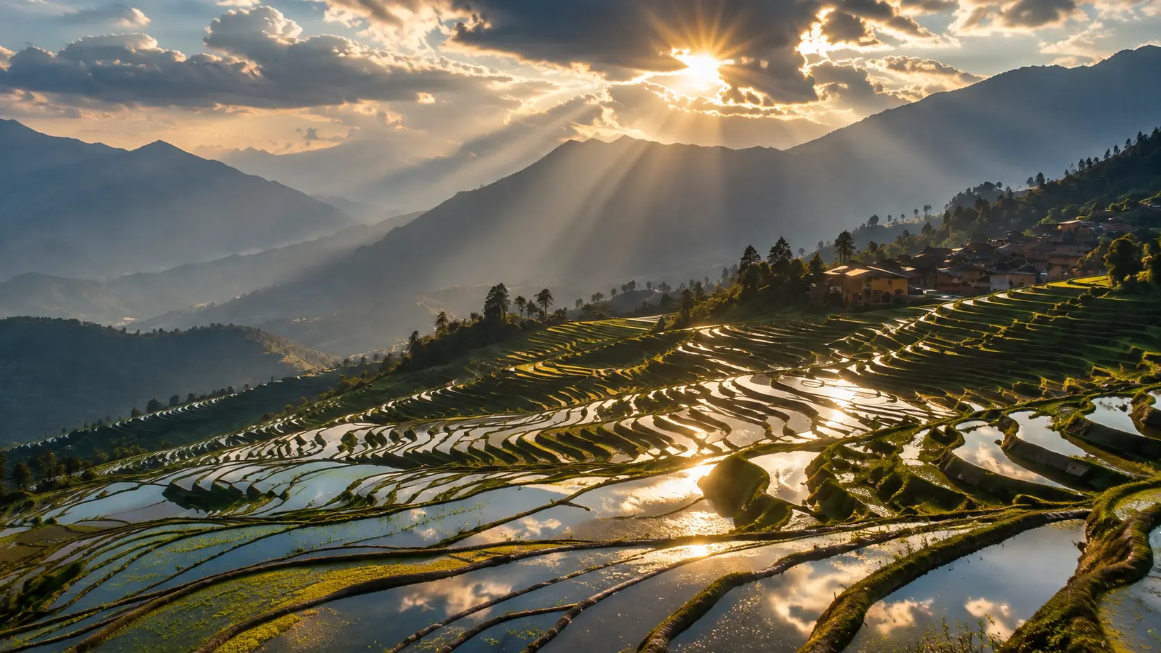 The flooded Yuanyang rice terraces at sunrise, reflecting the sky like thousands of mirrors